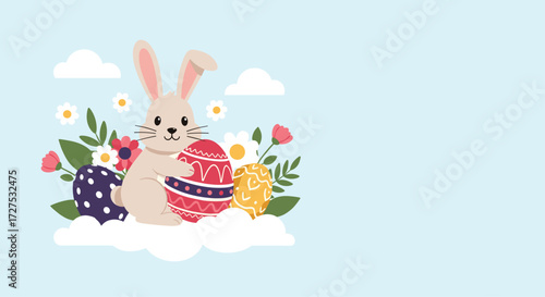 Cute easter bunny holding a decorated egg surrounded by flowers and clouds.