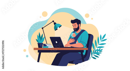 Father working from home while holding his baby in a carrier.