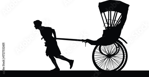 Traditional rickshaw puller silhouette in motion, cultural transport scene, human effort and heritage, black figure vector illustration