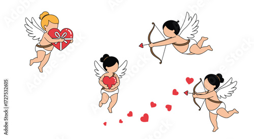 Four adorable cupids launching love hearts during a romantic celebration.