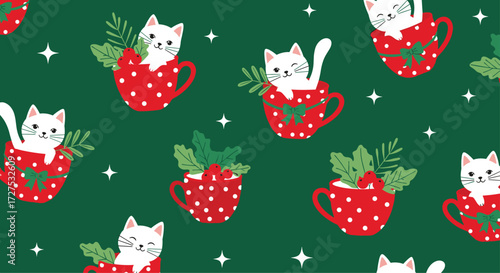 Cute cats peeking out of festive red polka dot cups with greenery and berries.