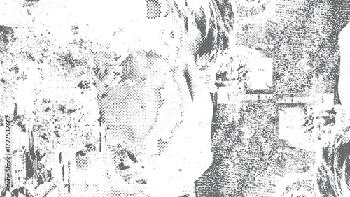 Old white grunge ripped torn collage posters creased crumpled paper placard texture background. An abstract paint splatter frame in black and white. 