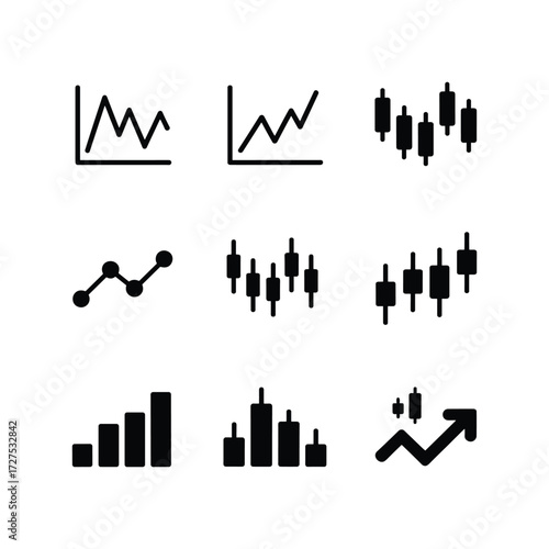 Collection of nine financial trading charts and graphs icons representing market trends and data analysis