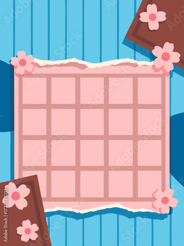 Pink Grid Moodboard With Torn Paper Edges Sakura Corners And Soft Tape For Cozy Scrapbook Journal And Photo Collage