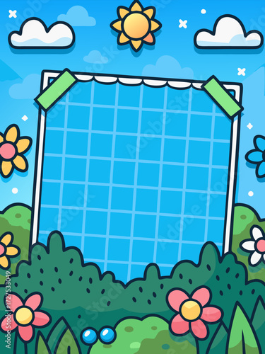 Blue Grid Moodboard With Washi Tape Corners Flowers And Soft Sky Doodles For Cute Scrapbook Journal And Story Collage