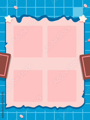 Pink grid moodboard layout with four photo frames tape accents and blue border for cute scrapbook journal pages and cozy collage