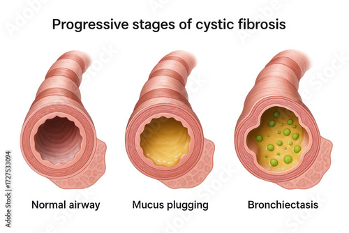 Progressive stages of cystic fibrosis depicted in a medical illustration, showing a healthy airway, mucus plugging, and bronchiectasis.