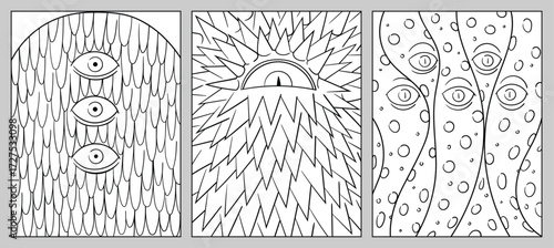 Creepy mutant creature. Monster face. Halloween horror coloring page