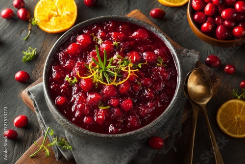 Cranberry sauce is in a bowl, there are cranberries in a bowl and spoons on wood.