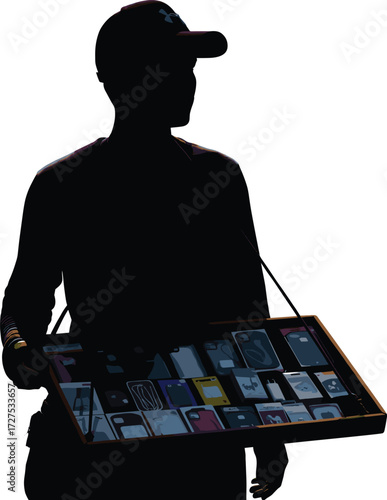Smartphone case vendor silhouette with neck tray, urban street seller, colorful product display, informal commerce vector illustration