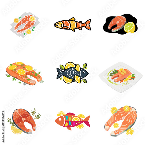 Various fish illustrations with lemon slices on white background  