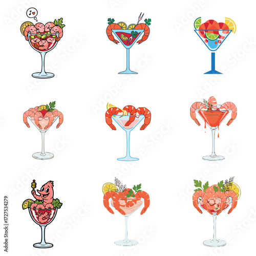 Colorful shrimp cocktails in various glass styles and arrangements  