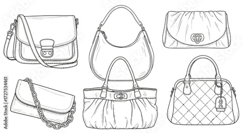 A collection of fashion handbag sketches showcasing various styles including shoulder bags, clutches, and totes, presented as line art on a white background