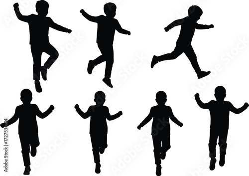 Silhouette of child running, jumping, outdoor activity, playful movement, active lifestyle, childhood fun, exercise, sports action, health, energetic kid illustration