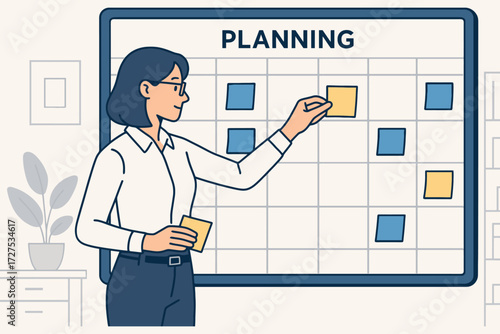 Businesswoman placing sticky notes on a large planning board for project management and strategy
