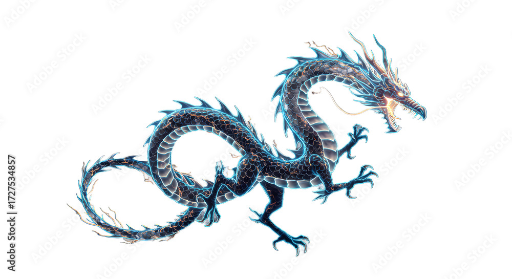 Obraz premium Neon Oriental Dragon Illustration on Black Background png clear alpha channel cutout isolated on transparent background