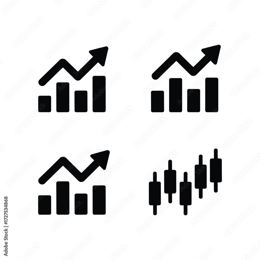 Obraz premium Set of simple black and white trading chart icons symbolizing financial growth and market trends