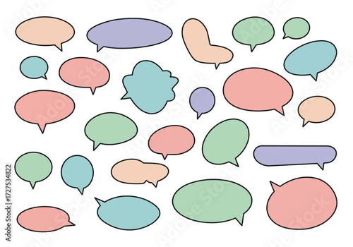 A collection of colorful outlined speech and thought bubbles scattered on a white background
