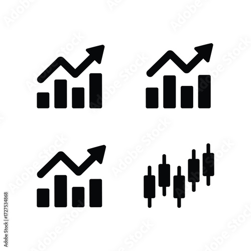 Set of simple black and white trading chart icons symbolizing financial growth and market trends