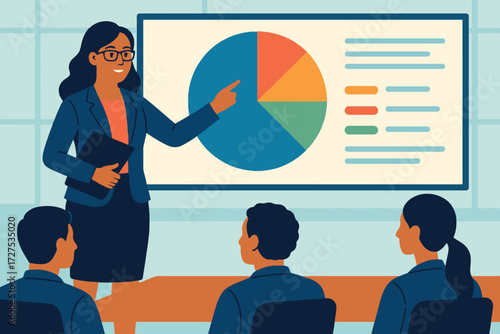 Businesswoman presenting a pie chart and data analysis to an attentive audience in a modern office setting
