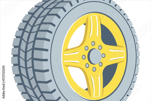 Vector art of a vector illustration of a car tire with a yellow rim, showcasing its tread pattern and design, suitable for automotive or transportation themes
