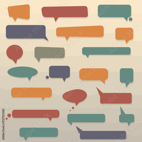 Assortment of flat retrostyle speech bubbles in muted colors