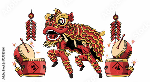 Vibrant illustration of a traditional Chinese lion dance with performers, drums, and firecrackers, celebrating the Lunar New Year.