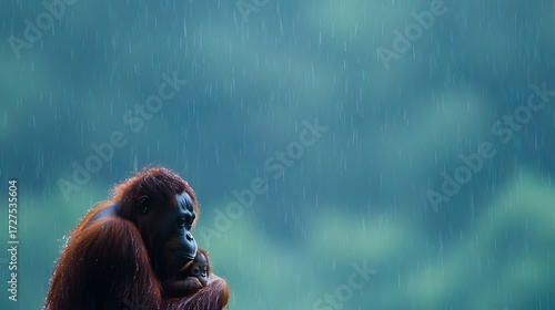 An orangutan sits in the rain, looking pensive amidst the lush green foliage