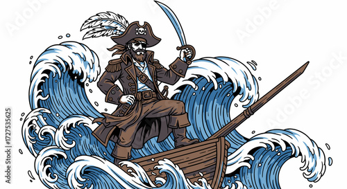 Illustration of a pirate standing on a ship's bow, amidst large ocean waves, holding a sword.