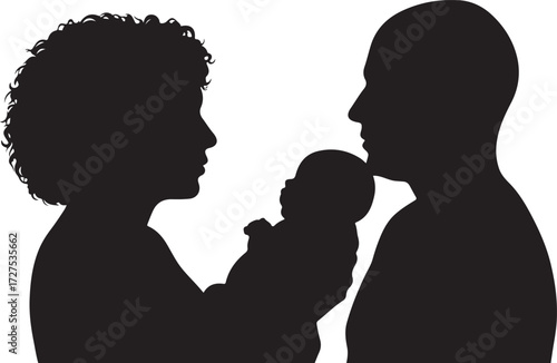 PrintFamily silhouette with baby, parental bond, black outline, love and care, emotional connection, nurturing moment, parenthood, support, unity, cradle
