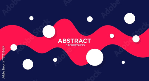 An abstract background featuring a vibrant pink wave shape with white circles scattered across a dark blue backdrop, creating a dynamic and modern visual