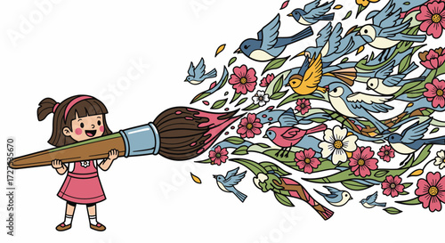 A young cartoon girl holds a giant paintbrush, creating a magical stream of colorful birds and flowers.