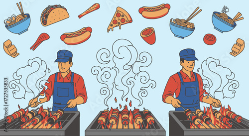 Two food vendors preparing skewers on grills, surrounded by various food items like tacos, pizza, hot dogs, and noodles.