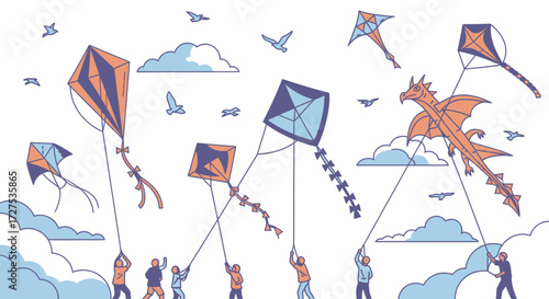 People flying colorful kites in the sky.