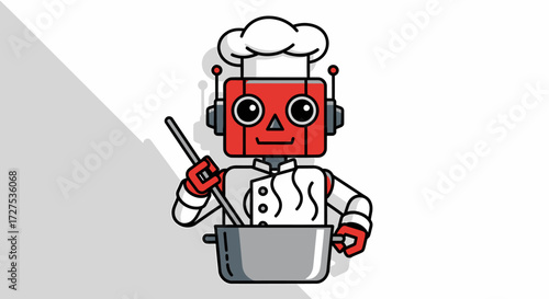 A cartoon robot chef wearing a chef's hat and uniform, stirring a pot with a ladle.