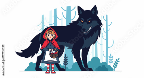 Little Red Riding Hood and the menacing Big Bad Wolf standing together in a stylized forest illustration.