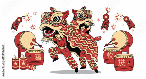 Vibrant illustration of two lion dancers performing with drums and firecrackers, celebrating Chinese New Year festivities.