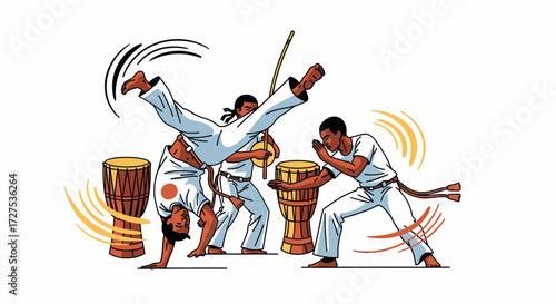 Illustration of capoeira practitioners performing acrobatic movements with musical instruments in the background.