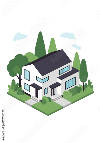 A modern detached house surrounded by lush green trees.