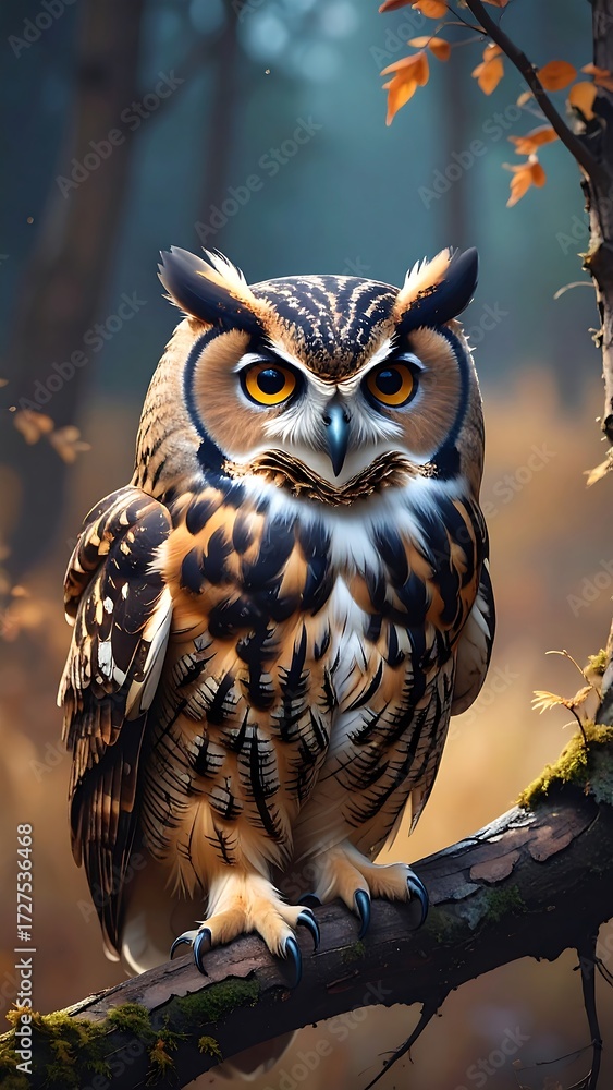 Fototapeta premium Owl perched on branch in autumn forest