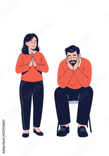 A couple in distress with one person looking distressed and the other attempting to comfort them.