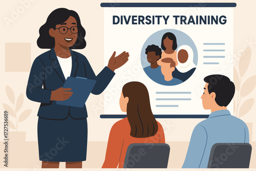 Diverse group of people attending a diversity and inclusion training session led by a female instructor