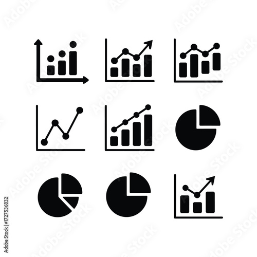Collection of nine diverse chart icons depicting growth trends and data visualization elements for business analytics