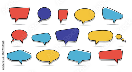 Collection of stylized colored speech and thought bubbles with black outlines and drop shadows