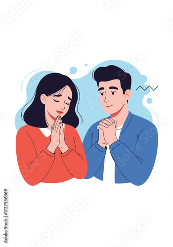 A couple with their hands clasped together in a pleading gesture.