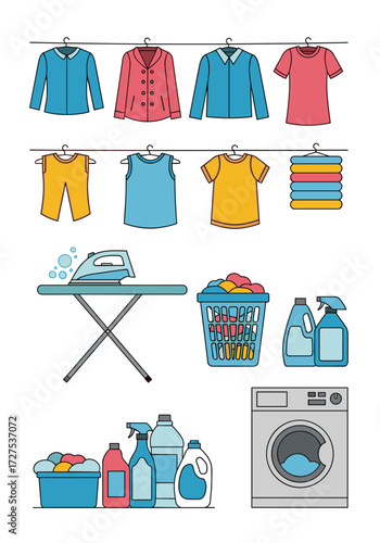 Laundry day with cleaning supplies and a washing machine.
