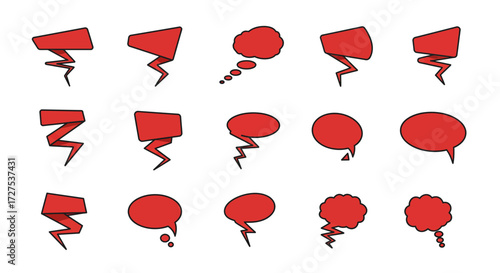 Fifteen red graphic elements resembling speech bubbles and banners with lightning tails