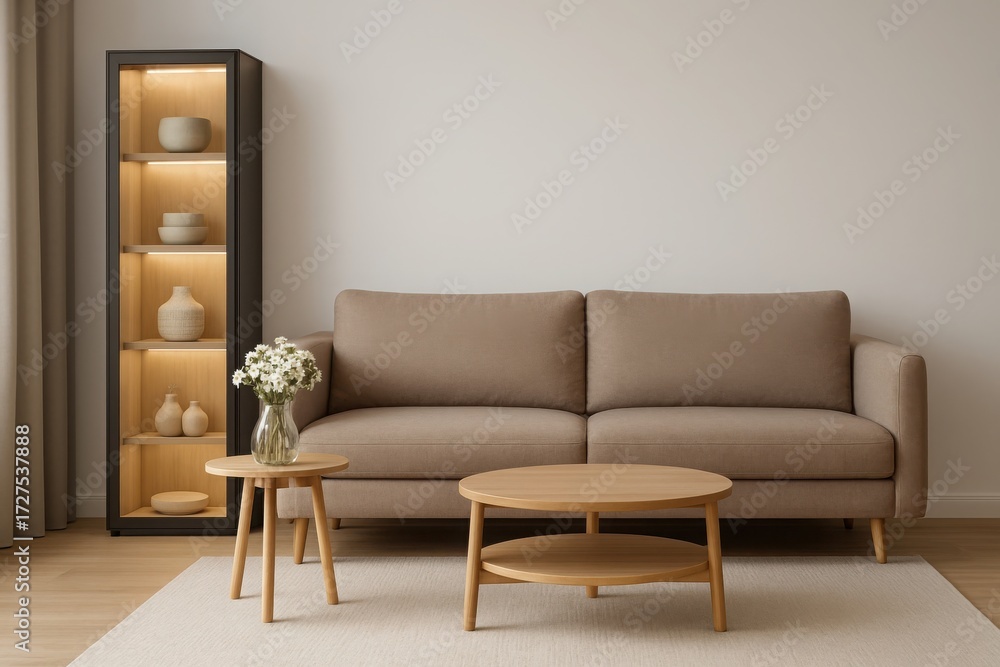 Fototapeta premium Modern living room with comfortable sofa display cabinet and coffee table decor illustration