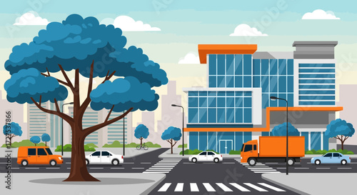 A vibrant cityscape unfolds with a large blueleafed tree in the foreground, an orange truck and various cars navigating a street with a modern building complex in the background under a cloudy sky