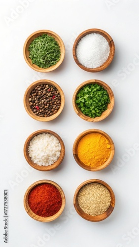 Overhead shot of eight wooden bowls with various spices isolated on white background, top view, vertical
